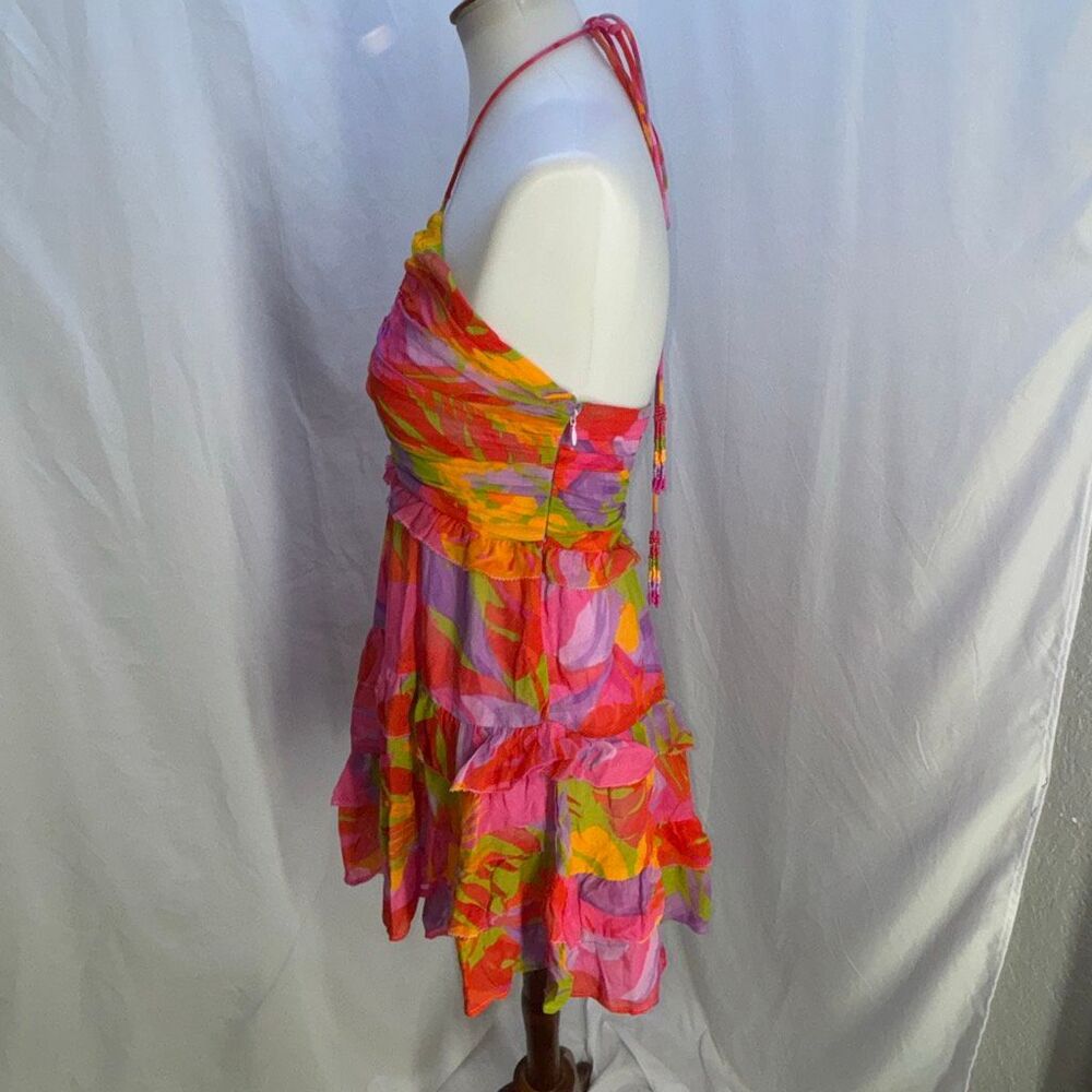 Farm Rio Colorful leaves halter ruffle tiered dress beaded tie XS EX cond - Picture 4 of 12